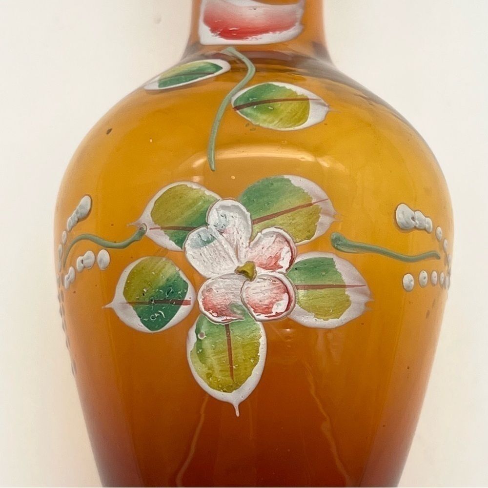 Vintage Amber Art Glass Floral Fluted Hand Painted Bud Vase With Gold Trim 7.75” - Picture 2 of 10